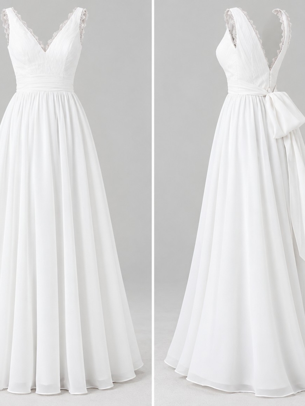 White V-Neck Lace Trim Evening Dress